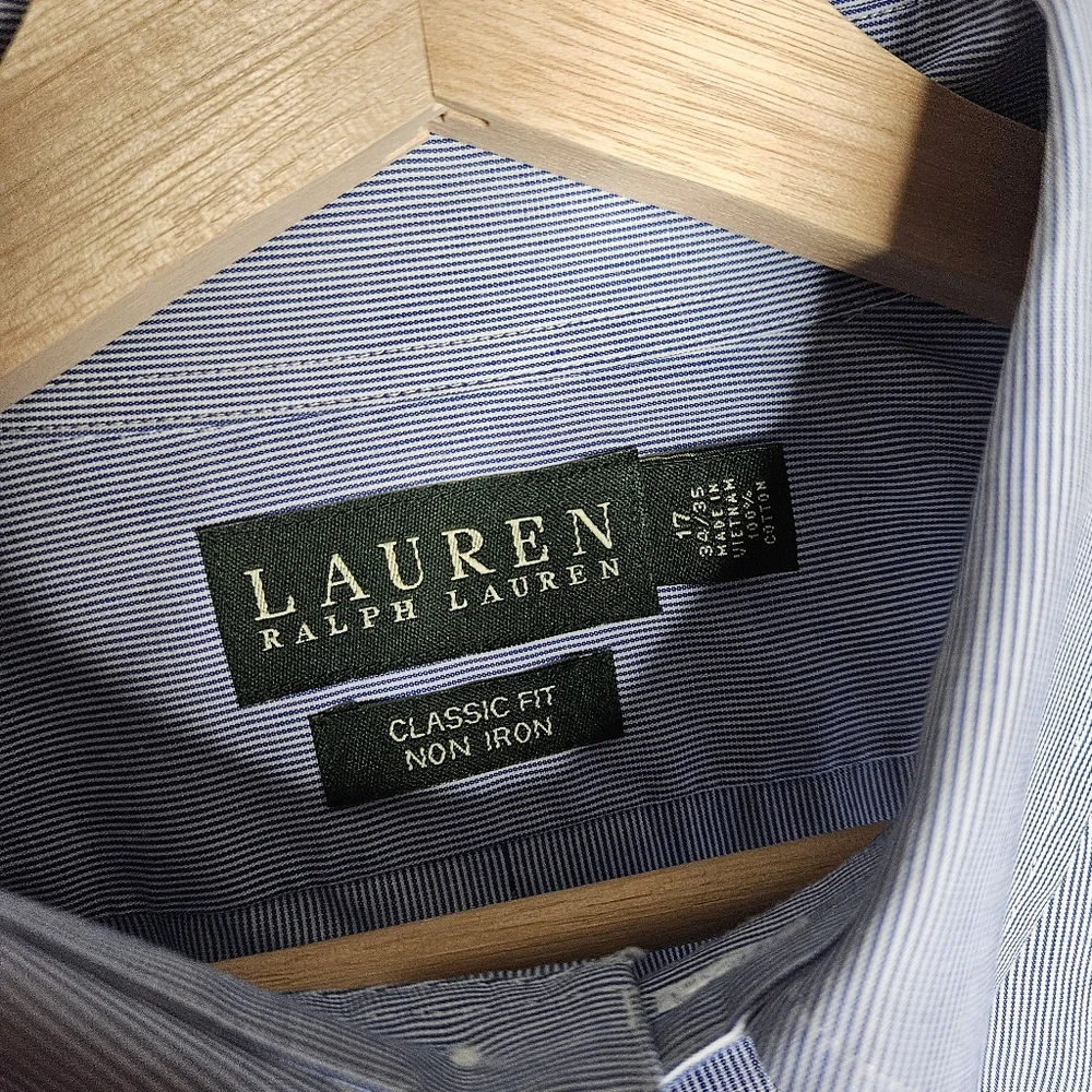 Lauren Ralph Lauren Men's Light Blue Striped Button Down Shirt Size 17 34/35 XL - Picture 2 of 9